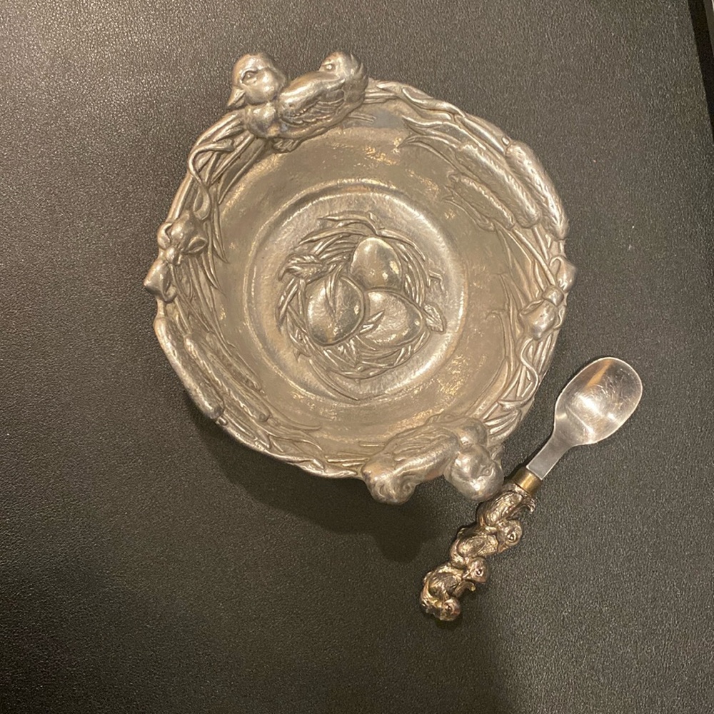 Vintage signed Arthur Court 1998 pewter duck bowl with duck spoon